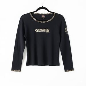 Y2K Vintage Harley-Davidson Black Long Sleeve Shirt Leopard Trim Gold Embroidery